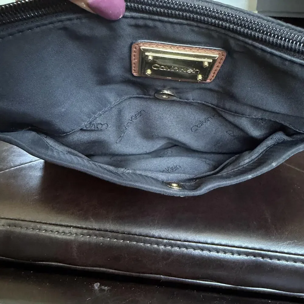 Calvin Klein Crossbody Bag Womens Medium Black Nylon Brown Trim Zip Pocket